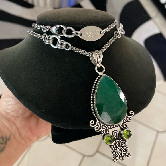 925 sterling silver overlay green emerald & peridot stones boho silver necklace - Picture 2 of 13
